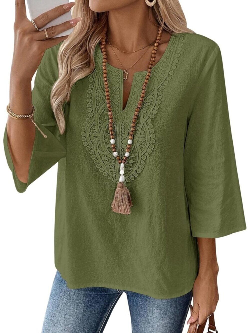Womens Army Green V Neck Pull On Loose Fit Blouses Sleeve Top Cotton Linen Shirt